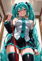 1girl ai_generated aqua_eyes aqua_hair aqua_nails aqua_necktie artist_name ass_visible_through_thighs bangs bare_shoulders black_clothes black_legwear black_skirt black_sleeves black_thighhighs blush breasts ceiling clothing collar collared_shirt cowboy_shot detached_sleeves fanbox_username female femdom from_below grey_shirt grin hair_between_eyes hair_ornament hatsune_miku holding holding_leash indoors jousneystudio leash leash_pull legwear long_hair looking_at_viewer looking_down medium_breasts miniskirt nail_polish necktie number_tattoo patreon_username pleated_skirt pov pov_hands shirt shoulder_tattoo skindentation skirt sleeveless sleeveless_shirt smile solo tattoo teeth thick_thighs thighhighs thighs trembling twintails very_long_hair viewer_holding_leash vocaloid web_address zettai_ryouiki