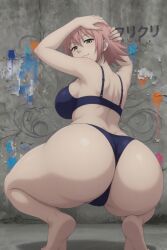 flcl haruko_haruhara pink_hair green_eyes alien_girl bra panties graffiti_on_wall graffiti ai_art ai_generated posing posing_for_the_viewer round_ass round_butt low_angle low_angle_view