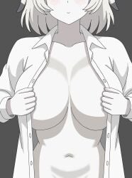 blush blushing center_opening collarbone collared_shirt huge_breasts humanized humanized_pokemon open_shirt peakychu pikachu pokemon pokemon_(species) pokopia usuchu white_skin