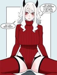 1boy 1girls big_breasts black_horns blush breasts demon demon_girl demon_horns english_text erect_nipples girl_on_top heart heart-shaped_pupils helltaker helltaker_(character) horns large_breasts leotard leotard_sweater long_sleeves looking_at_viewer medium_hair modeus_(helltaker) panties red_eyes red_legwear red_sweater ribbed_sweater sakuzoart short_hair solo speech_bubble sweater symbol-shaped_pupils thighhighs underwear white_hair