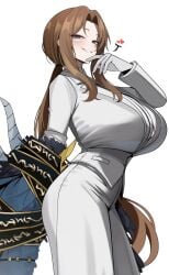 m_ayonessa limbus_company project_moon rodion_(limbus_company) brown_hair blue_eyes light_skin light-skinned_female large_breasts formal formal_attire suit white_gloves white_background gloves breasts fully_clothed ponytail fauvism the_ring_(project_moon) looking_at_viewer smirk barely_contained massive_breasts monster_arm breasts_bigger_than_head female female_only female_focus sole_female looking_down looking_down_at_viewer white_uniform