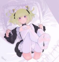 1boy blush bob_cut cat_ears catboy crossdressing femboy femboy_only lio_fotia maid maid_headdress maid_outfit maid_uniform male petite petite_body petite_male promare short_hair slim slim_male slim_waist solo stockings thigh_highs twink 1femboy white_panties white_stockings maid_apron :3 pov on_bed feminine_male blonde_hair cute_face collar choker cute_expression
