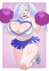 1girls areola_slip areolae big_breasts blue_eyeshadow blue_lips blue_lipstick blue_skirt bouncing breasts cheerleader cheerleader_outfit cheerleader_uniform cleavage_cutout eyeshadow fangs fate_(series) female female_only footwear hair hair_over_one_eye hips holding_object huge_breasts large_breasts lips lipstick mature mature_female mature_woman motion_lines omi-san_(fate) pom_poms shoes short_skirt skirt sneakers solo solo_female thighs tsubasadraw twintails white_hair yellow_eyes