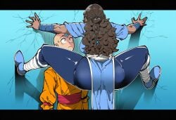 ... aang ai_generated avatar_the_last_airbender bottomless breasts bubble_butt busty cicada_block clothed clothes clothing dark-skinned_female dark_skin fat_ass full_body interracial katara meme mullon sideboob sweat sweatdrop