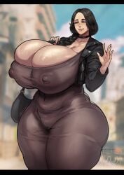 donaught unohana_retsu solo 1girl smile black_hair long_hair looking_at_viewer braid milf cameltoe gigantic_breasts puffy_nipples breasts choker black_eyes see-through purse jacket signature bleach