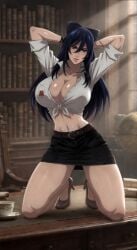 1girls ai_generated big_boobs big_breasts big_tits blackroga blue_hair cleavage confident female_focus female_only hamyuts_meseta heels high_heels indoors library light-skinned_female midriff milf naughty office seductive shirt skirt smirk sweat tatakau_shisho the_book_of_bantorra voluptuous wet