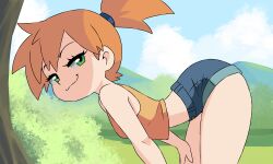 1girl :3 arched_back ass asymmetrical_hair bare_shoulders bent_over blue_shorts blue_sky breasts bright_pupils bushes closed_mouth cloud crop_top day denim denim_shorts grass green_eyes hair_tie half-closed_eyes hand_on_own_thigh highres kasumi_(pokemon) landscape lirudraw looking_at_viewer midriff misty_(pokemon) naughty_face nintendo orange_hair orange_shirt outdoors pokemon pokemon_(anime) pokemon_(classic_anime) ponytail seductive_smile shirt short_hair short_shorts shorts side_ponytail sky sleeveless sleeveless_shirt small_breasts smile smirk smug solo standing tank_top thighs tree white_pupils