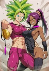 2girls abs ai_generated black_legwear bleach bleach:_the_thousand-year_blood_war caulifla clothed collar dark-skinned_female dark_skin dragon_ball female female/female female_only green_hair imminent_sex jacket jeans kale kefla leash leash_and_collar leash_pull leg_between_thighs long_hair looking_at_viewer muscles muscular muscular_female pet_play ponytail purple_hair shihouin_yoruichi short_hair spiked_hair yoruichi_shihouin yuri