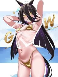 1girl ahoge animal_ears armpits arms_behind_head bikini black_hair breasts commentary ear_tag earrings gold_bikini hair_between_eyes highres horse_ears horse_girl horse_tail jewelry lengkuass long_bangs long_hair long_hair_between_eyes looking_at_viewer manhattan_cafe_(umamusume) multicolored_hair navel ocean see-through_clothes see-through_shirt shirt single_earring small_breasts solo stomach swimsuit tail umamusume very_long_hair water white_hair yellow_eyes