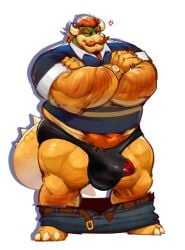 1boy anthro barazoku belly belly_peeking_out big_bulge big_muscles black_clothing black_underwear bottomwear bottomwear_down bowser bulge clock clothed clothing cross-popping_vein crossed_arms daddy detailed_bulge digital_media_(artwork) dilf erection erection_under_clothing facial_hair fat fat_male full-length_portrait furrowed_eyebrows furry furry_male furry_only hair hairy hi_res horns koopa male male_only mario_(series) mature_male muscles muscular muscular_male muscular_thighs mustache nintendo obese obese_male overweight overweight_male pants pants_down partially_clothed portrait red_hair reptile scalie solo solo_focus solo_male spikes standing tail tenting tigertimeworks underwear watch wide_stance wristwatch yellow_skin