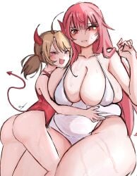 2girls :d blush brat cleavage concerned concerned_look curvy devil_costume devil_horns erroz fang gigantic_breasts gigi_murin hololive hololive_english hug huge_ass looking_at_another mesugaki mori_calliope multiple_girls one-piece_swimsuit plump size_difference slightly_chubby swimsuit virtual_youtuber white_swimsuit yuri