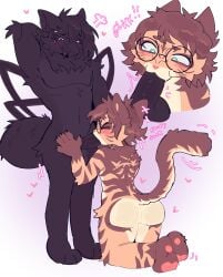 absurd_res anthro apa_(apakingg) arachnid arthropod arthropod_abdomen balls big_butt black_body black_fur blowjob_face blush blush_lines bodily_fluids brown_body brown_fur butt catgenderzz domestic_cat duo eyewear feet felid feline felis fellatio fur fur_markings genitals glasses hair hand_on_hip heart_symbol hi_res kneeling kneeling_oral_position male male/male mammal markings motion_lines multi_eye multi_limb multicolored_body multicolored_fur mygalomorph onomatopoeia oral paws penile penis saliva saliva_on_penis sex sound_effects spider standing striped_body striped_fur stripes tail tana_(2ktanacious) tarantula text