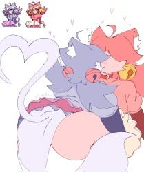bells cat_ears cat_girl cat_girls cat_tail catgirl catgirls heart_shaped_tail heart_tail hearts holding_hips kiss mad_mew_mew mew_mew_(undertale) skirt skirt_up undertale undertale_(series) white_background yuri