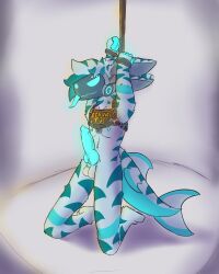 4_ears anthro blue_body blue_eyes blue_fur bound erection fur gante genitals glowing glowing_eyes hands_tied hi_res knot knotted_penis machine male multi_ear nipples nude penis protogen service_top shark_tail smile smiling_at_viewer smirk smirking_at_viewer solo teasing teasing_viewer vibingante