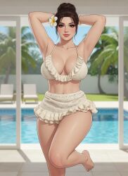 1girls ai_assisted ai_generated armpit_crease armpits arms_behind_head barefoot bikini black_hair blurry_background bracelet cleavage crochet female flower_in_hair frilled_bikini frilled_bra frilled_skirt gemini grok hair_bun hair_strand knees knitted light-skinned_female looking_at_viewer lounge_chair medium_breasts midriff miniskirt narrow_waist one_leg_bent palm_leaf palm_tree poolside realistic rgomez007 self_upload slight_smile solo_female swimming_pool thick_lips thick_thighs updo wide_hips