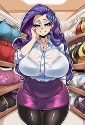 1girls 2d ai_generated beautiful big_breasts black_bra black_pantyhose blue_eyes bra_visible_through_clothes buttoned_shirt clothes_shop clothing_store diamond_hair_ornament elegant equestria_girls fancy female female_focus female_only friendship_is_magic hair_ornament half-closed_eyes hand_on_cheek hi_res hibiki120 huge_breasts human humanization humanized large_breasts light-skinned_female long_hair makeup my_little_pony my_little_pony_friendship_is_magic pantyhose purple_hair purple_skirt rarity_(mlp) skirt smile solo standing thicc thick_thighs white_shirt wide_hips