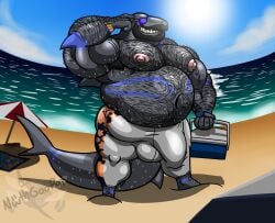 2_penises absurd_res anthro aquatic arm_hair armpit_hair barazoku beach beard belly belly_hair big_belly big_muscles big_pecs bodily_fluids body_hair bottomwear bulge chest_hair clock clothed clothing detailed_bulge eyewear facial_hair fangs fin fish genitals hi_res holding_object leg_hair male multi_genitalia multi_penis musclegut muscular muscular_arms muscular_male navel neth_rusiki_azhti nethgoorat nipples overweight overweight_male pants pecs penis shark smile solo standing sunglasses sweat tail tail_fin tattoo teeth topless umbrella watch water