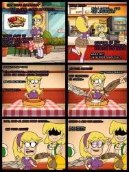 the_loud_house lori_loud carol_pingrey maggie_(the_loud_house) 2futas 1girl restaurant hot_dog uniform cum_in_food sausage cum_sauce comic cumshot cum_in_face grabbing_penis grabbing_own_penis penis_out_of_shorts penis_out big_breasts big_ass big_penis big_balls big_thighs neckline dialogue veiny_penis spanish_text spanish_translation xsherlock420_(artist) self_upload