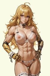 1girls ahoge ai_generated blonde_hair choker crotchless_panties cupless_bra female_only functionally_nude functionally_nude_female lace_stockings long_hair mechanical_arms prosthetic prosthetic_arm purple_eyes pussy rwby shaved_pussy solo solo_female tagme toned_female wavy_hair yang_xiao_long