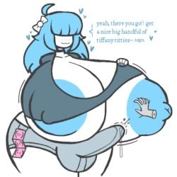 aplovestudio areolae_slip blue_hair blue_nipples bulge condom_wrapper erection erection_under_clothes freckles futanari groping_breasts hair_bow hair_covering_eyes huge_areolae huge_breasts huge_nipples hyper_breasts jiggling_breasts long_hair original_character precum_drip shorts solo_futa talking_to_viewer taller_female text tiffany_(aplove) undersized_clothes