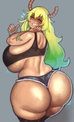 1girls ass big_ass breasts breasts_bigger_than_head bubble_butt eyes_closed female female_focus female_only horns huge_ass huge_breasts kelvin_hiu long_hair looking_at_viewer miss_kobayashi's_dragon_maid quetzalcoatl_(dragon_maid) shorts smile solo sweat tagme thick_thighs thighhighs tight_clothing two-tone_hair wide_hips
