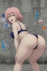 flcl haruko_haruhara pink_hair green_eyes alien_girl bra panties graffiti_on_wall graffiti ai_art ai_generated posing posing_for_the_viewer round_ass round_butt