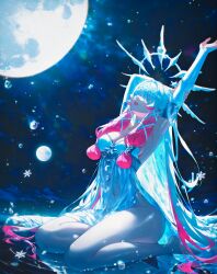 1girl absurdly_long_hair ai-assisted ai_generated arm_behind_head arm_up armpits arms_up backlighting bare_legs bare_shoulders barefoot black_lips black_sky blindfold blonde_hair blue_eyes blue_hair blue_lips blunt_bangs blunt_tresses breasts bridal_gauntlets bubble choker circlet cleavage closed_eyes closed_mouth clothing_cutout cloud columbina_(genshin_impact) covered_eyes covered_navel crescent dark_background detached_collar detached_sleeves dress elbow_gloves eye_mask facing_to_the_side facing_up flower from_side full_body full_moon gem genshin_impact gloves glowing gold gold_choker gold_footwear gold_trim gown gradient_hair hair_ornament hair_ribbon hair_tubes halo hand_on_own_arm head_wings headdress headpiece holding_own_arm huge_moon in_water jewelry kneeling large_breasts legs light_particles lips lipstick long_dress long_hair long_sleeves looking_at_viewer low-tied_sidelocks low_twintails makeup medium_breasts ministro moon moonlight multicolored_hair navel necklace night night_sky no_panties official_alternate_costume on_ground open_mouth outdoors parted_lips personification planet pointy_ears profile purple_hair purple_lips reflection reflective_floor reflective_water ribbon ripples see-through see-through_dress side_slit sidelocks sitting sky sleeveless sleeveless_dress smile snowflakes solo sparkle split-color_hair star_(sky) star_(symbol) starry_sky strapless strapless_dress streaked_hair stretching sun teeth thick_thighs thighs tress_ribbon two-tone_hair underwear upper_teeth_only very_long_hair wariza water water_drop wet wet_clothes wet_dress white_flower wings yellow_choker yellow_dress yellow_gloves yellow_sky yellow_theme yokozuwari