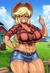 1girls 2d abs ai_generated applejack_(mlp) beautiful big_breasts blonde_hair blue_shorts cowboy_hat farm female female_focus female_only freckles friendship_is_magic green_eyes hair_ornament hat hi_res hibiki120 huge_breasts human humanization humanized large_breasts light-skinned_female long_hair my_little_pony my_little_pony_friendship_is_magic plaid_shirt ponytail red_and_black_clothing smile solo standing sweat thicc thick_thighs thumbs_up tied_hair tomboy wide_hips
