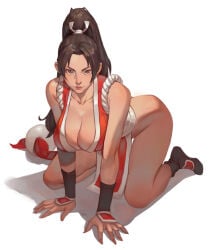 mai_shiranui leaning_forward large_breasts hanging_breasts breast_squeeze breasts_between_arms ass on_floor fatal_fury