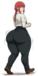 1girls ai_generated back_view big_butt bottom_heavy chainsaw_man clothed gemini looking_at_viewer makima_(chainsaw_man) motion_lines red_hair screenshot_edit smiling walking