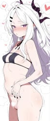 ai_generated ai 1girl hina_(blue_archive) blue_archive white_hair demon_horns demon_girl multiple_horns black_horns purple_eyes slit_pupils very_long_hair parted_bangs ahoge sidelocks hairclip forehead neck_ribbon black_ribbon black_nails nail_polish fingernails looking_at_viewer :o steam steam_from_mouth nose_blush sweat very_sweaty sweatdrop eyepatch_bikini small_breasts midriff navel no_panties bottomless pussy clitoris female_pubic_hair excessive_pubic_hair standing legs_apart ass thighs hand_on_own_hip simple_background white_background steaming_body motion_lines spoken_heart heart highres absurdres