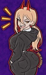 1girl 1girls ass ass_focus badjujuarts big_ass big_boobs big_breasts big_butt big_thighs black_legwear breasts bubble_butt chainsaw_man dat_ass female female_focus female_only hands_in_pockets hourglass_figure jeans looking_back power_(chainsaw_man) presenting_hindquarters seductive_smile slim_waist solo solo_focus thicc
