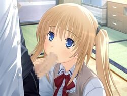 ayase_natsuki blonde_hair blue_eyes censored fellatio necktie nekonyan oral penis sakaagari_hurricane school_uniform smile tied_hair twintails unzipped