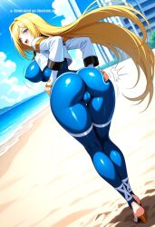 1990s 1girl ai_assisted ai_generated anime back_view beach big_breasts blonde_hair blue_bodysuit blue_eyes bodysuit bouncing_breasts building camel_toe cropped_jacket curvy dutch_angle dynamic_angle erect_nipples fingerless_gloves full_body gloves grabbing_butt happy hip_focus jacket looking_at_viewer looking_back looking_behind millia_rage motion_lines open_mouth shiny_skin smile spanking_butt standing toned_body underbutt very_long_hair wide_hip