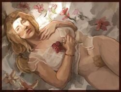 1girls artist_name artist_signature big_breasts blonde_hair border bottomless breasts brown_eyes cleavage color female_pubic_hair flower forehead_mark half-closed_eyes karasuitachi large_breasts lighting long_hair looking_at_viewer lying lying_on_back naruto_(series) no_bra nonsexual_nudity pubic_hair smile tied_hair tsunade watermark