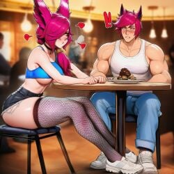 1boy 1girls ai ai_assisted ai_generated casual casual_outfit coffee_shop confused couple crop_top fishnets horny_female inside jeans league_of_legends pouting prussia123 sett sexy sexy_body sexy_clothing sexy_female shorts table tank_top vastaya xayah