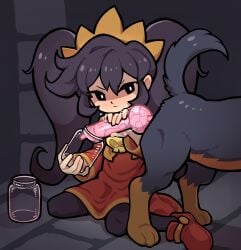 1girl animal_penis ashley_(warioware) bestiality black_eyes black_hair black_pantyhose bottle dog dog_penis dress english_commentary frown gummuru handjob highres knotted_penis long_hair pantyhose penis penis_milking red_dress sitting twintails uncensored warioware wariza