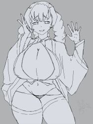 kanroji_mitsuri mitsuri_kanroji kimetsu_no_yaiba demon_slayer 1girl solo pink_hair green_hair multicolored_hair braided_hair long_hair green_eyes large_breasts huge_breasts cleavage unbuttoned open_jacket demon_slayer_uniform haori miniskirt thighhighs smile open_mouth peace_sign v_sign looking_at_viewer from_below lineart monochrome sketch black_and_white fanart big_breasts curvy thick_thighs wide_hips love_hashira hashira