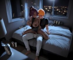1boy 1girl 1girls ai_generated bedroom beer black_shirt bleach blush breast_grab cheating dark-skinned_female dark_room dark_skin drunk drunk_sex enjoying femdom flustered flustered_male gabrail happy horny ichigo_kurosaki jeans leotard long_hair moaning muscular netorare night nipples ntr on_bed panting penis penis_in_pussy playful ponytail purple_hair reverse_upright_straddle sex sex_from_behind shihouin_yoruichi shiny_skin short_hair sitting sitting_on_lap smile smiling sound_effects white_jeans