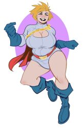 brian_shearer power_girl karen_starr kryptonian kara_zor-l female dc dc_comics justice_society_of_america clothed thick thick_thighs thighs bare_legs boots leotard boob_window cleavage large_breasts cleavage_cutout breasts big_breasts blonde_hair blonde_female short_hair short_hair_female flying superheroine cape chubby chubby_female fat fat_female huge_breasts belly gloves eyes_closed sfw