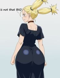 1girls ass ass_focus ass_in_dress big_ass black_dress blonde_hair blue_eyes blush clothed clothing collar dress ear_piercing earrings english english_text female female_only hair huge_ass jujutsu_kaisen neckwear nishimiya_momo shortstack solo solo_female text thighs tsubasadraw twintails white_background