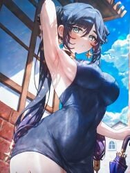 1girl :o adapted_costume ai_generated alternate_breast_size alternate_costume arm_behind_head arm_up armpit_crease armpits arms_up asymmetrical_bangs bare_arms bare_shoulders black_choker black_dress black_hair black_ribbon black_umbrella blue_sky blush breasts brick_wall brown_dress brown_hair building choker closed_umbrella cloud cloudy_sky contemporary covered_navel cowboy_shot dangle_earrings day dress drop_earrings dusk earrings evening eyelashes from_below genshin_impact gradient_hair gradient_sky green_eyes hair_between_eyes hair_ornament hair_ribbon holding holding_umbrella house impossible_clothes jewelry large_breasts long_hair looking_at_viewer looking_down medium_breasts meme_attire ministro mona_(genshin_impact) multicolored_hair navel no_headwear oil-paper_umbrella open_mouth outdoors pale_skin parasol parted_bangs parted_lips pencil_dress presenting_armpit ribbed_dress ribbed_sweater ribbon shadow sideboob sidelocks sky sleeveless sleeveless_dress sleeveless_sweater solo sparkle sparkle_hair_ornament sparkle_print standing star_(symbol) star_choker star_earrings star_hair_ornament sunlight sunset sweater sweater_dress swept_bangs taut_clothes taut_dress thick_thighs thigh_strap thighlet thighs tight_dress turtleneck_dress twintails umbrella very_long_hair wide_hips window