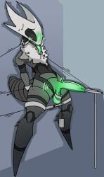 arms_tied arthropod arthropod_abdomen ball_ring ball_stretcher bandit_(hallowed_knight_34) bdsm black_body black_eyes blush bodily_fluids bound drooling genitals green_blush green_penis green_tongue grey_background hallowed_knight_34 hi_res leash legs_tied male neck_tuft no_pupils object_in_urethra penetration penis piercing restraints saliva simple_background solo sounding_rod spreader_bar sweat sweatdrop tongue tongue_out tongue_piercing tuft urethral urethral_penetration vessel_(species) white_mask