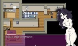 a_neet's_adventure_sex big_breasts big_thighs covered_nipples game grey_body otaku purple_eyes purple_hair room screencap visual_novel