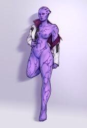 2026 absurd_res alien alien_humanoid areola aria_t'loak asari bioware bottomless breasts clothed clothing collarbone electronic_arts facial_tattoo feet female genitals hi_res humanoid innie_vulva jacket jacket_only mass_effect navel nipples not_furry one_leg_up peachyatelier purple_body purple_skin raised_leg solo standing tattoo topwear topwear_only vulva