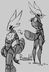 arthropod arthropod_abdomen bandit_(hallowed_knight_34) black_body black_eyes blush bodily_fluids gender_symbol hallowed_knight_34 looking_at_viewer male male_symbol monochrome multiple_poses neck_tuft no_pupils pose solo standing sweat sweatdrop symbol tuft vessel_(species) white_mask