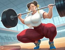 1girls ai_assisted ai_generated ass_focus big_ass big_breasts chun-li floresai gigantic_breasts gym gym_uniform huge_ass huge_breasts leggings looking_at_viewer narrow_waist patreon patreon_url patreon_username solo_female solo_focus squatting teasing thick_thighs wide_hips