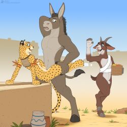 ambiguous_penetration anthro asinus biped breasts brown_body cheetah clothed clothing detailed_background donkey equid equine felid feline female female_penetrated group hi_res jishinu male male/female male_penetrating mammal multicolored_body outside penetration penile penile_penetration sex trio
