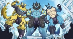 absurd_res aircraft anthro big_muscles black_body black_fur blue_body blue_eyes blue_fur bulge canid canine city clothing corrsk detailed_bulge felid fur generation_4_pokemon generation_7_pokemon genital_outline group helicopter hi_res legendary_pokemon lucario luxray macro male mammal muscular muscular_male nintendo pokemon pokemon_(species) red_eyes shinx speedo spines swimwear vehicle yellow_body yellow_eyes yellow_fur zeraora