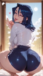 1girl 1girls absurd_res absurdres ai_generated arcane ass ass_focus barefoot big_ass big_breasts black_hair black_shorts blue_eyes blue_hair blue_shorts blurred_background blurry blurry_background breasts caitlyn_(league_of_legends) caitlyn_kiramman cartoon cartoony depth_of_field fellatio_gesture female female_focus from_behind hair_between_eyes heart heart_shaped_pupils hi_res high_quality high_resolution highres huge_ass indoors large_ass large_breasts league_of_legends long_hair long_sleeves looking_at_viewer looking_back mole naughty_face odexai open_mouth pantylines riot_games saliva shirt shirt_tucked_in short_shorts shorts small_waist smile solo solo_focus squatting straight sun sweat symbol_shaped_pupils teeth thick_thighs thighs thin_waist tongue tongue_out upper_teeth_only video_game video_game_character video_games wet wet_clothes wet_shirt white_shirt wide_hips
